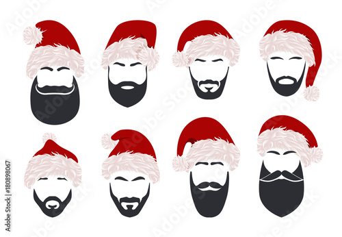 Silhouette of a man's face with a black beard, a black mustache and a red Santa Claus hat vector illustration on white background.