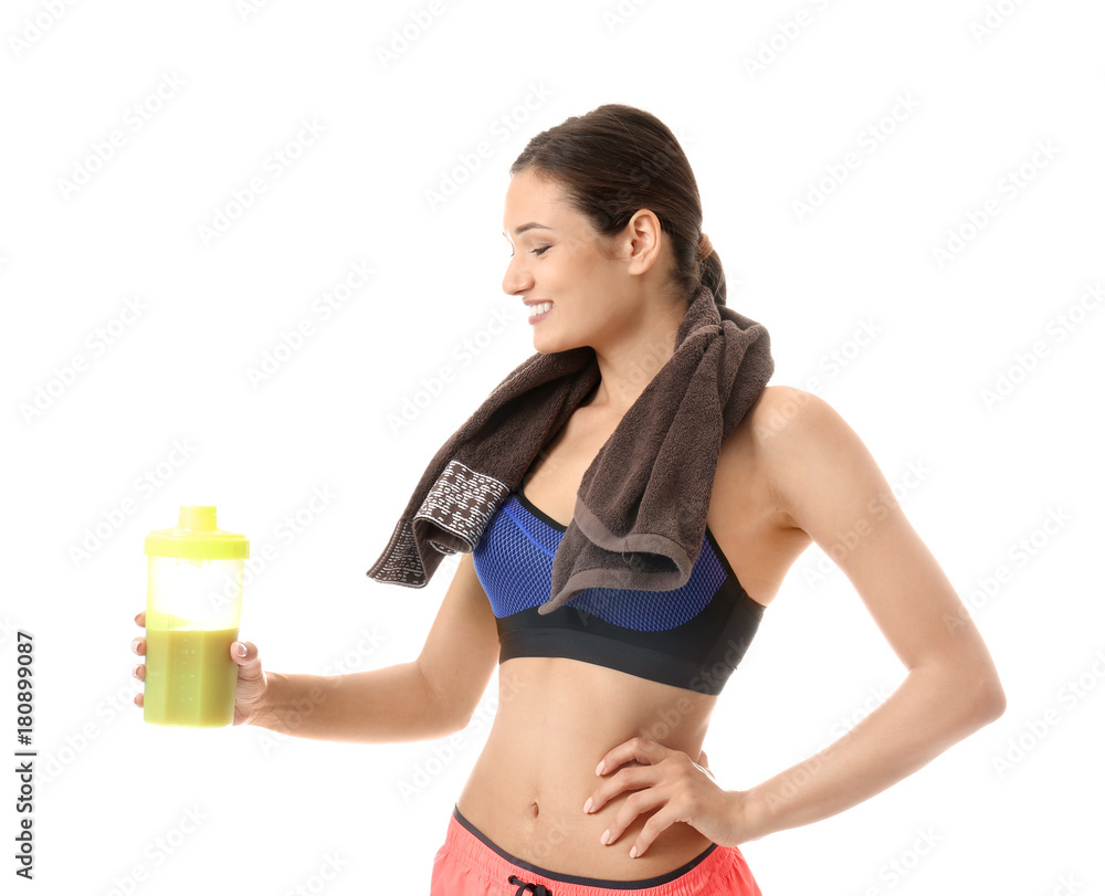 Beautiful young woman with protein shake on white background Beautiful young woman with protein shake on white background