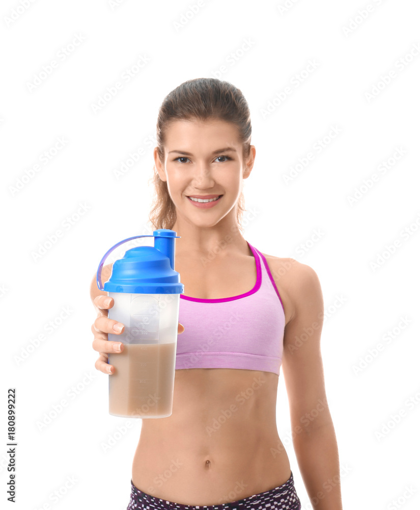 Beautiful young woman with protein shake on white background Beautiful young woman with protein shake on white background