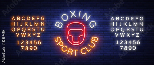 Boxing sports club logo sign in neon style, vector illustration. Emblem, a symbol for a sports facility on a boxing theme. Neon banner, bright nightlife advertisement. Editing text neon sign