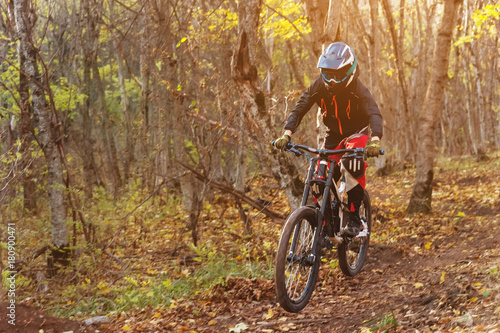 a young rider driving a mountain bike rides at speed downhill in the autumn forest.