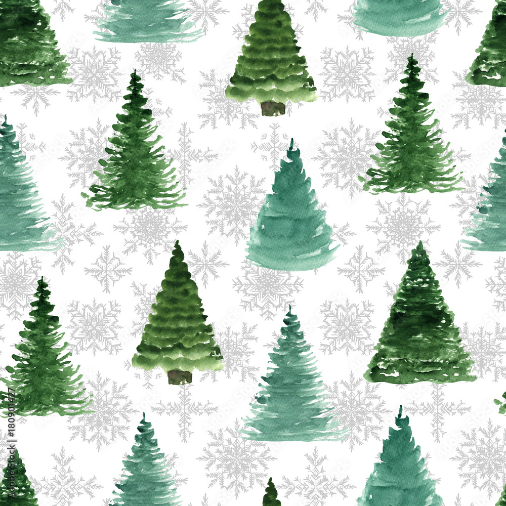 Seamless pattern with fir tree and snowflakes. Watercolor hand drawn
