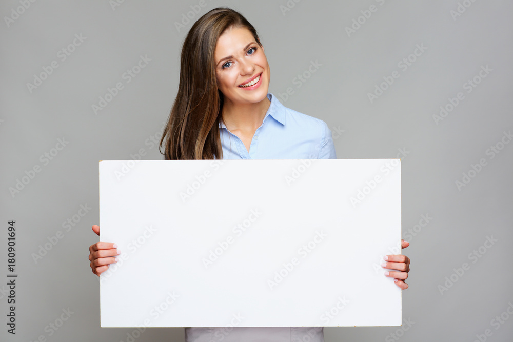 Business woman holding white big sign board. Business woman holding white big sign board.