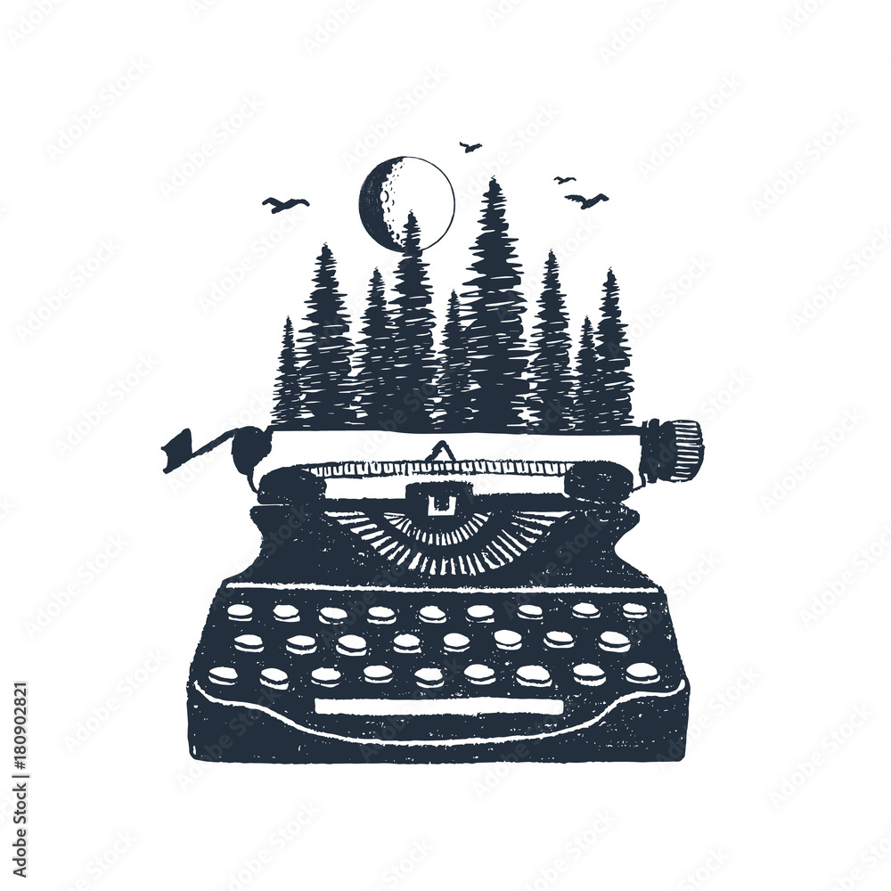 Obraz premium Hand drawn retro typewriter and pine forest textured vector illustrations.