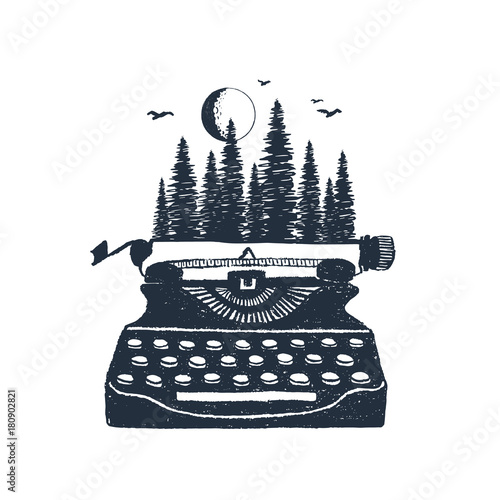 Hand drawn retro typewriter and pine forest textured vector illustrations. photo