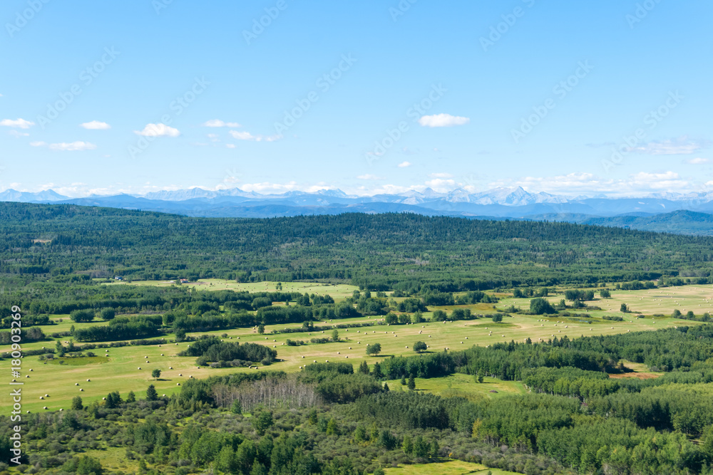 Aerial photo of forest and man made farmers fields with Rocky Mountains on the horizon.