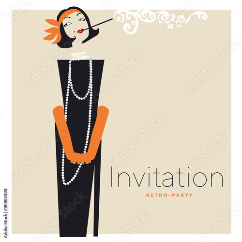 Smoking woman silhouette vector illustration. Retro elegant woman portrait in black dress.