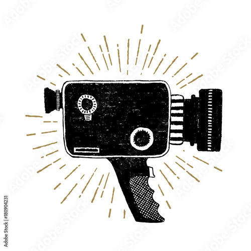 Hand drawn retro camcorder textured vector illustration.