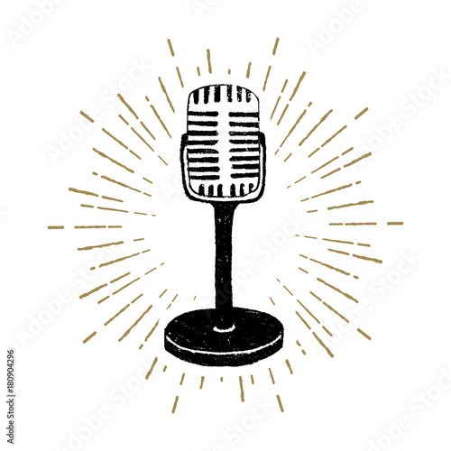 Hand drawn retro microphone textured vector illustration.