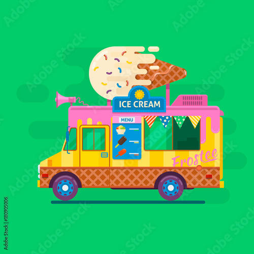 Ice cream van delivery.Street food truck vector illustration.Flat vector illustration
