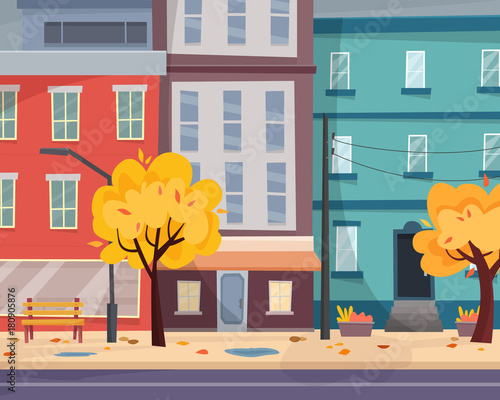 Houses on street with road in city. Cityscape.