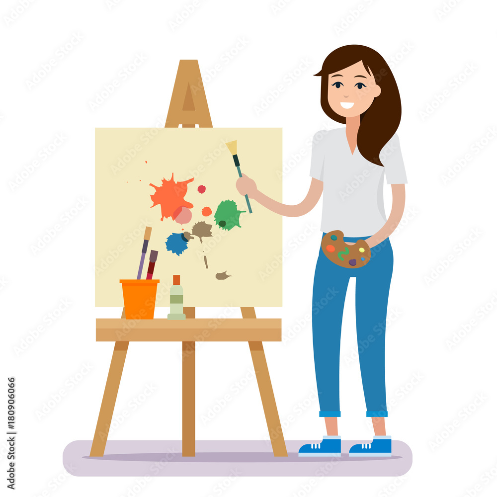 Art studio interior. Woman artist drawing. Art studio interior. Woman artist drawing.