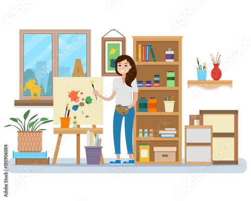 Art studio interior. Woman artist drawing.