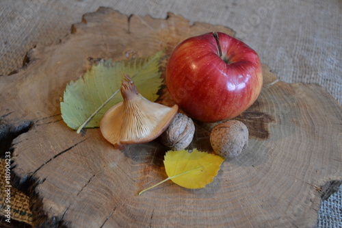 apple fruit food   Mushroom  Nuts  Leaves  Still life  