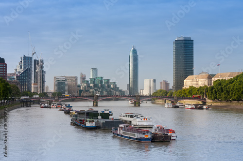 City cruise ships on the river Thames, on background Lambeth Bridge in the morning, London, England.