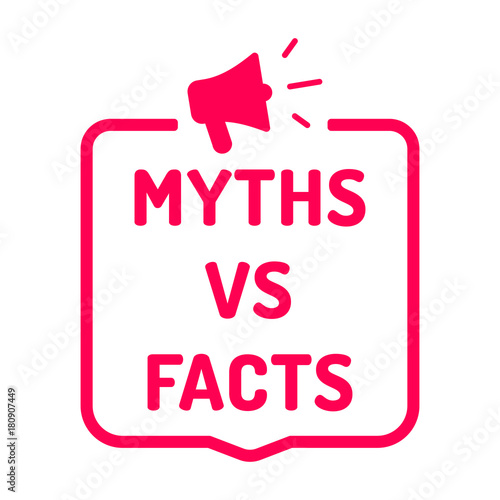 Myths vs facts. Badge with megaphone icon. Flat vector illustration on white background. 