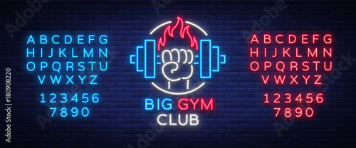 Fitness, gym logo sign in neon style isolated, vector illustration. A glowing banner, a bright neon sign, a night advertisement of a fitness club, a sports hall, a sports club. Editing text neon sign