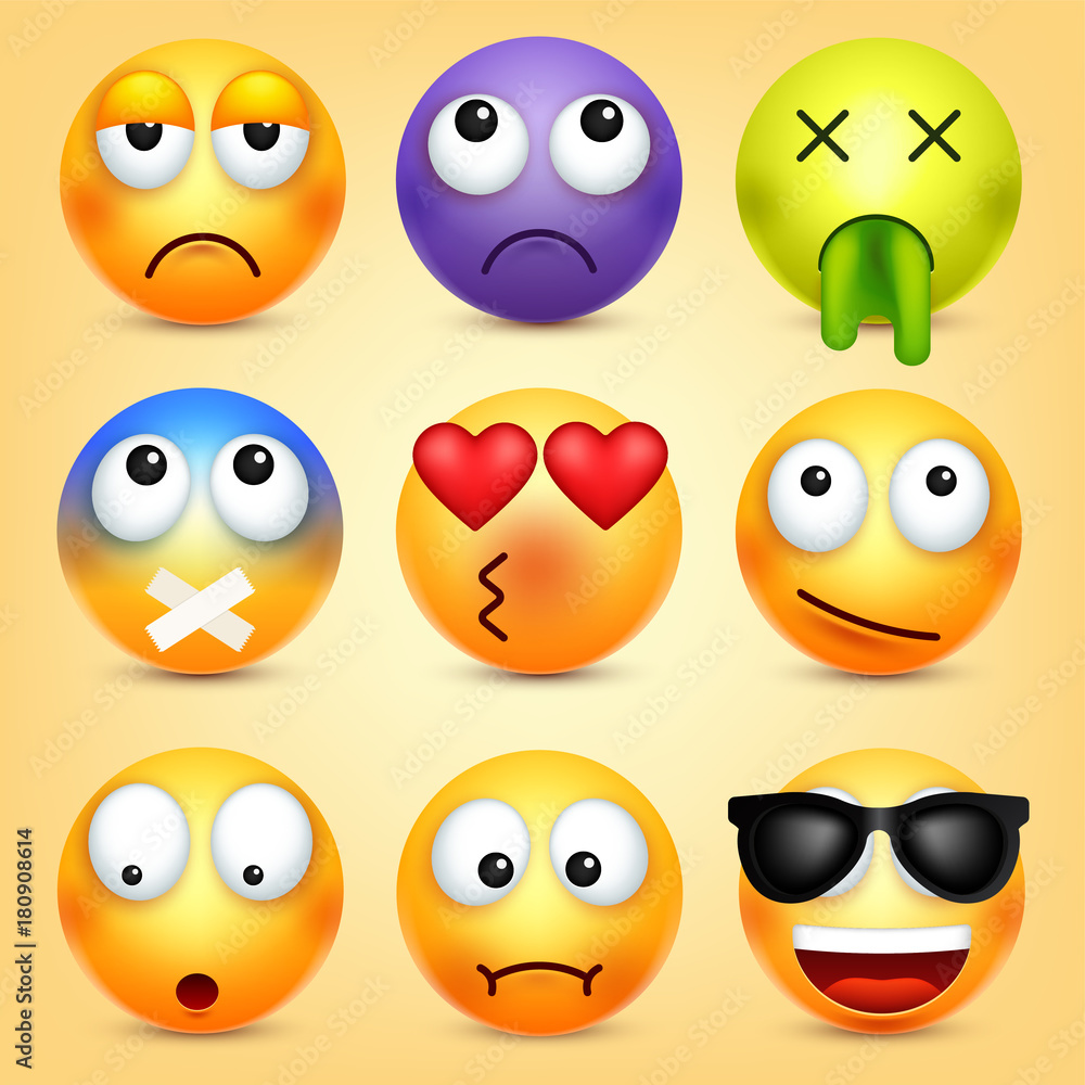 Smiley,emoticons set. Yellow face with emotions. Facial expression. 3d realistic emoji. Funny cartoon character.Mood. Web icon. Vector illustration. Smiley,emoticons set. Yellow face with emotions. Facial expression. 3d realistic emoji. Funny cartoon character.Mood. Web icon. Vector illustration.