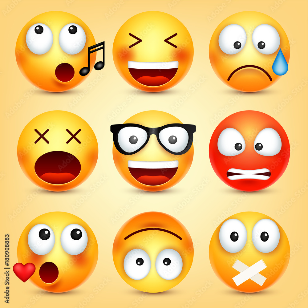 Smiley,emoticons set. Yellow face with emotions. Facial expression. 3d realistic emoji. Funny cartoon character.Mood. Web icon. Vector illustration. Smiley,emoticons set. Yellow face with emotions. Facial expression. 3d realistic emoji. Funny cartoon character.Mood. Web icon. Vector illustration.