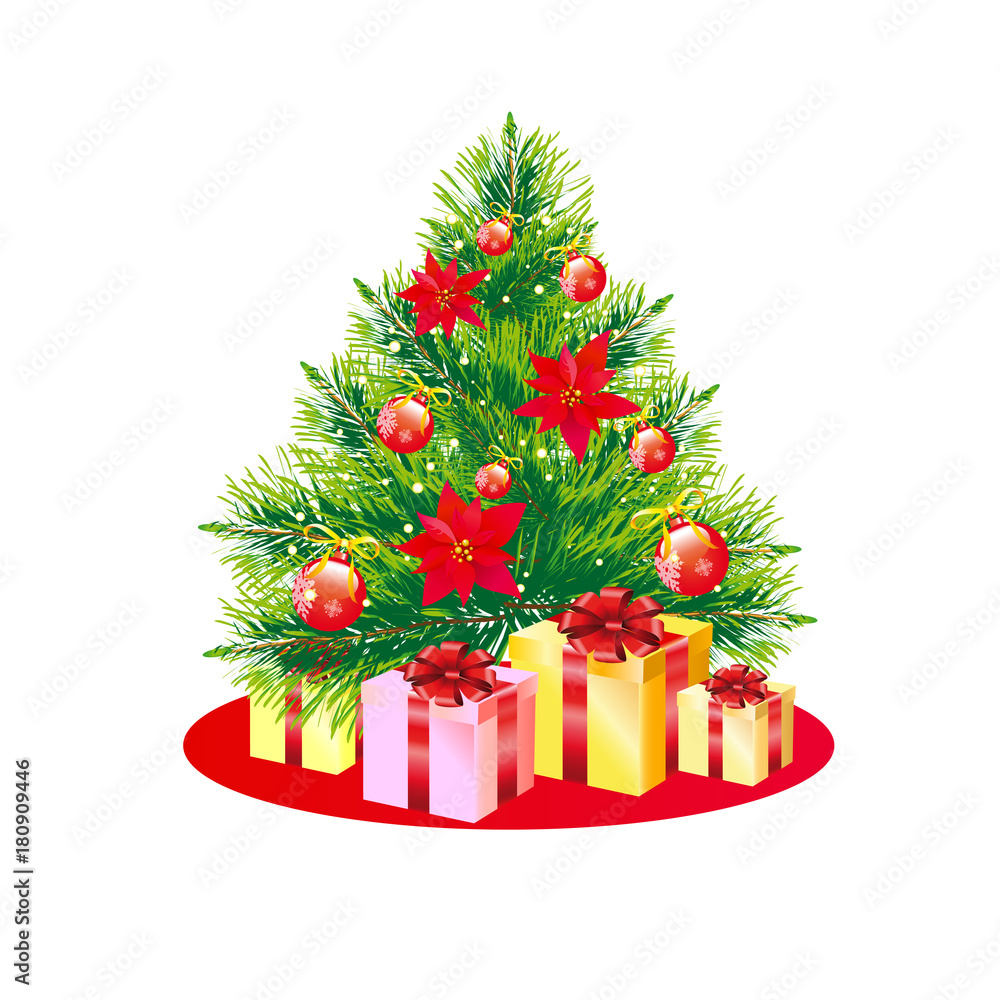 Christmas tree with flowers,on a white