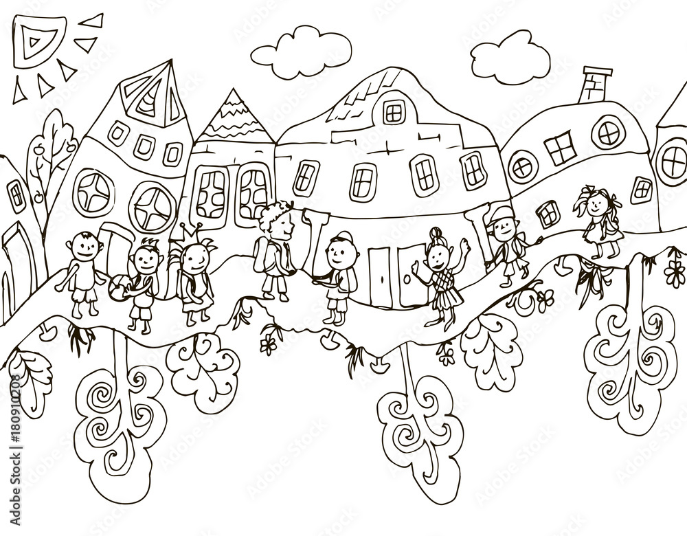 Sketch with elements of houses, trees and children on an isolated background.Hand drawn black pen.