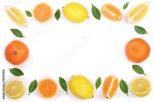 frame of lemon and tangerine with leaves isolated on white background with copy space for your text. Flat lay, top view