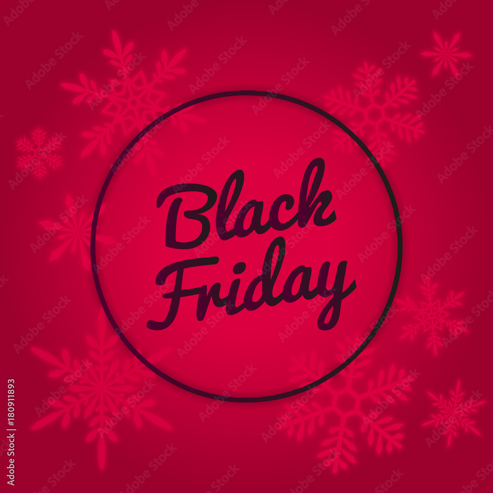 Black Friday Sale Vector Banner Design. Red neon colors, glowing snowflakes.
