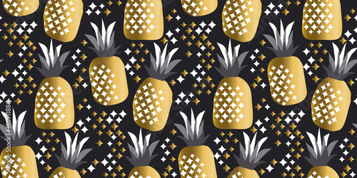 pineapple luxury gold vector illustration for background. dseamless pattern on black color