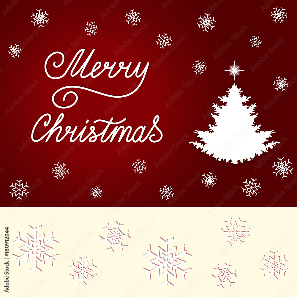 Lettering Merry Christmas, fir tree with advent star, white snowflakes on a dark red background. Concept for cards, invitations, packets. Paper art style. Happy New Year. Vector illustration EPS 8