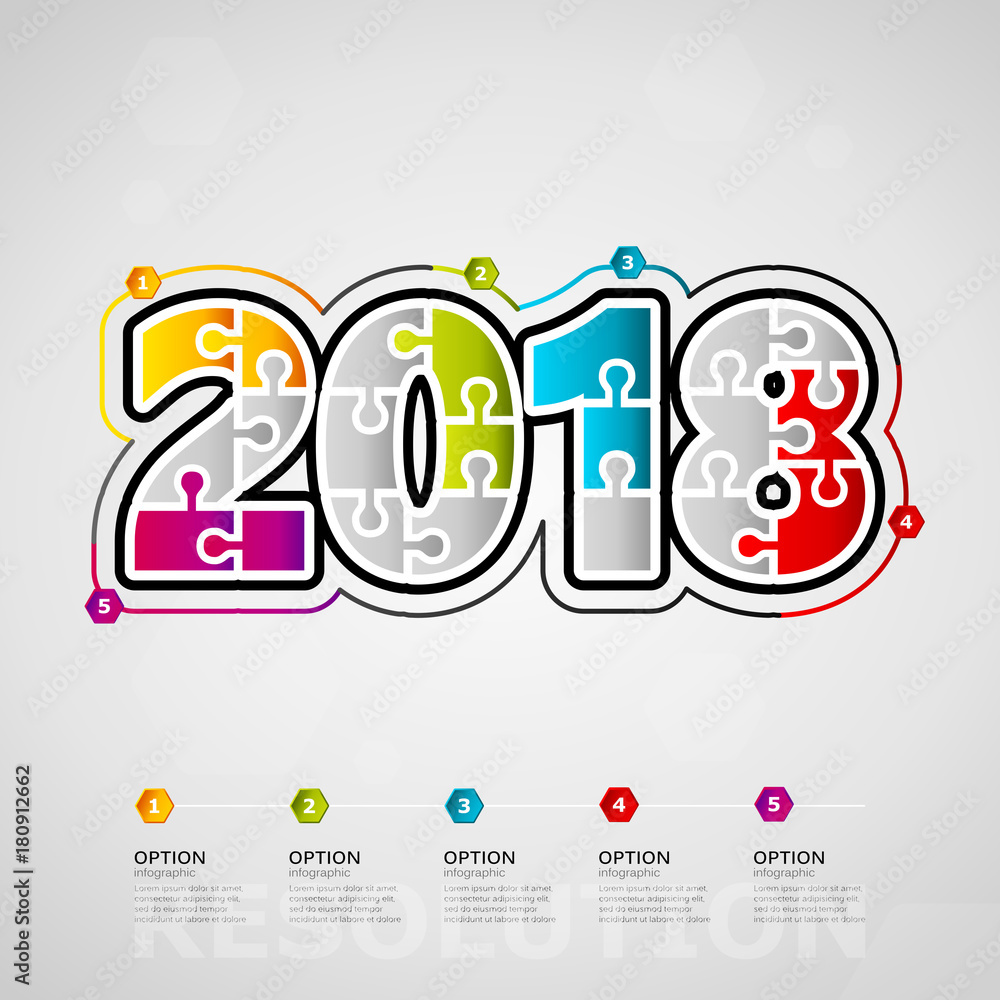 Fototapeta premium Five options 2018 timeline infographic design with text made out of jigsaw pieces