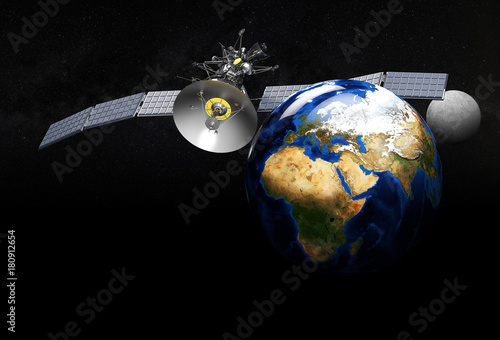 Fototapeta Naklejka Na Ścianę i Meble -  Satellite Orbiting Earth. 3D Illustration, on black background