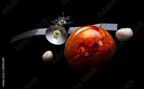 Fototapeta Naklejka Na Ścianę i Meble -  Satellite Orbiting Mars. 3D Illustration, on black background