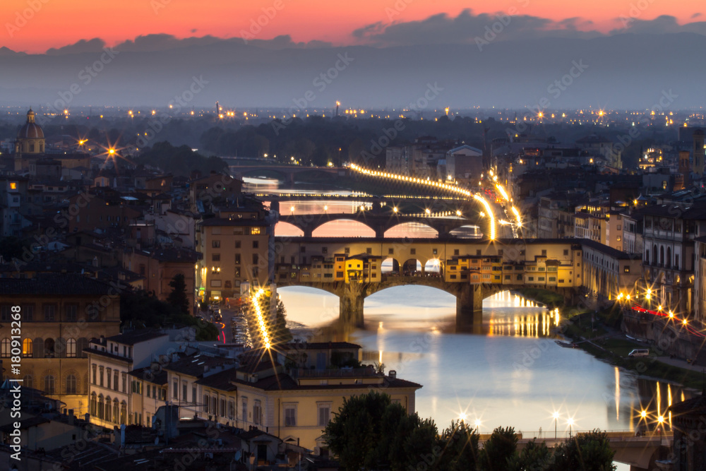 Great View of Ponte Vecchio at sunset, Firenze, Italy