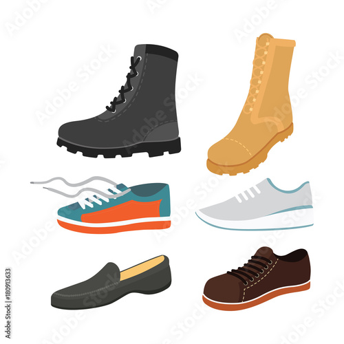 Male man season shoes in flat style. Men boots isolated set vector illustration