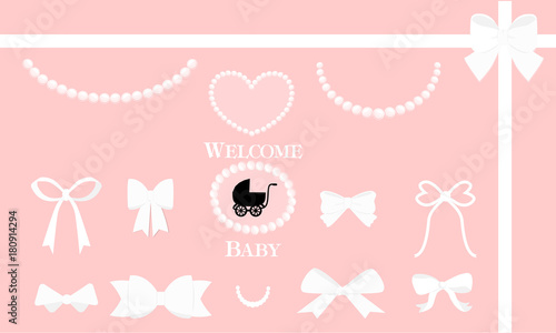 A set of vector design elements for a cute party. White bows, beads, pearls on a pink background. Can be used for birthday, wedding,baby and bridal shower invitation.