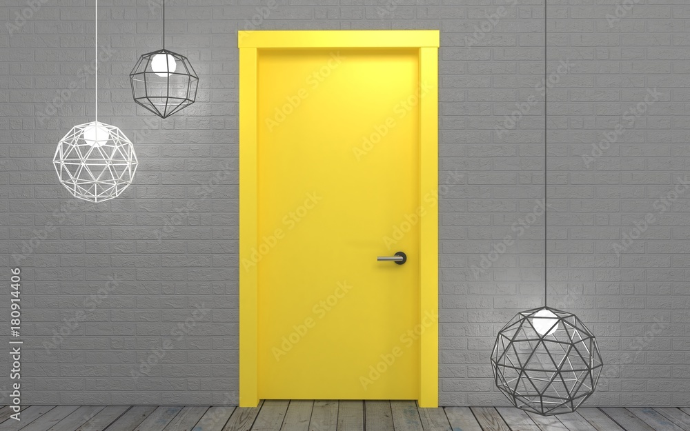 Fototapeta premium 3D illustration. Background with a bright yellow door on the wall in the loft