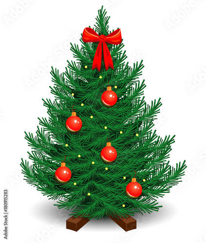 artificial Christmas tree on a stand, decorated with red balls and bow with a garland of glowing light bulbs