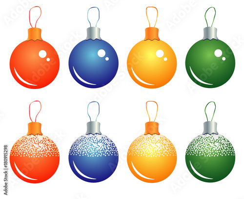 set of glass balls of different colors with snow pattern for Christmas tree to celebrate the new year