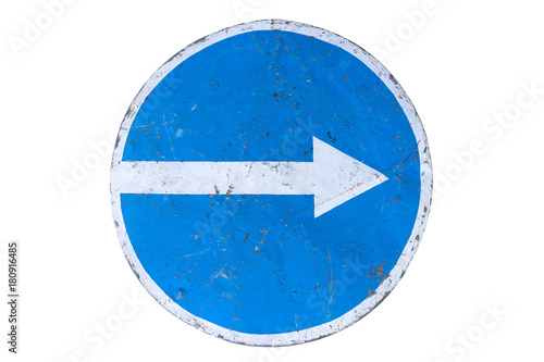 Scratched round blue road sign 'Keep Right' isolated on white