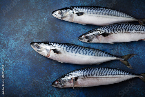 Raw mackerel fish with ingredients for cooking on a blue concrete or stone background. Selective focus. Top view. photo