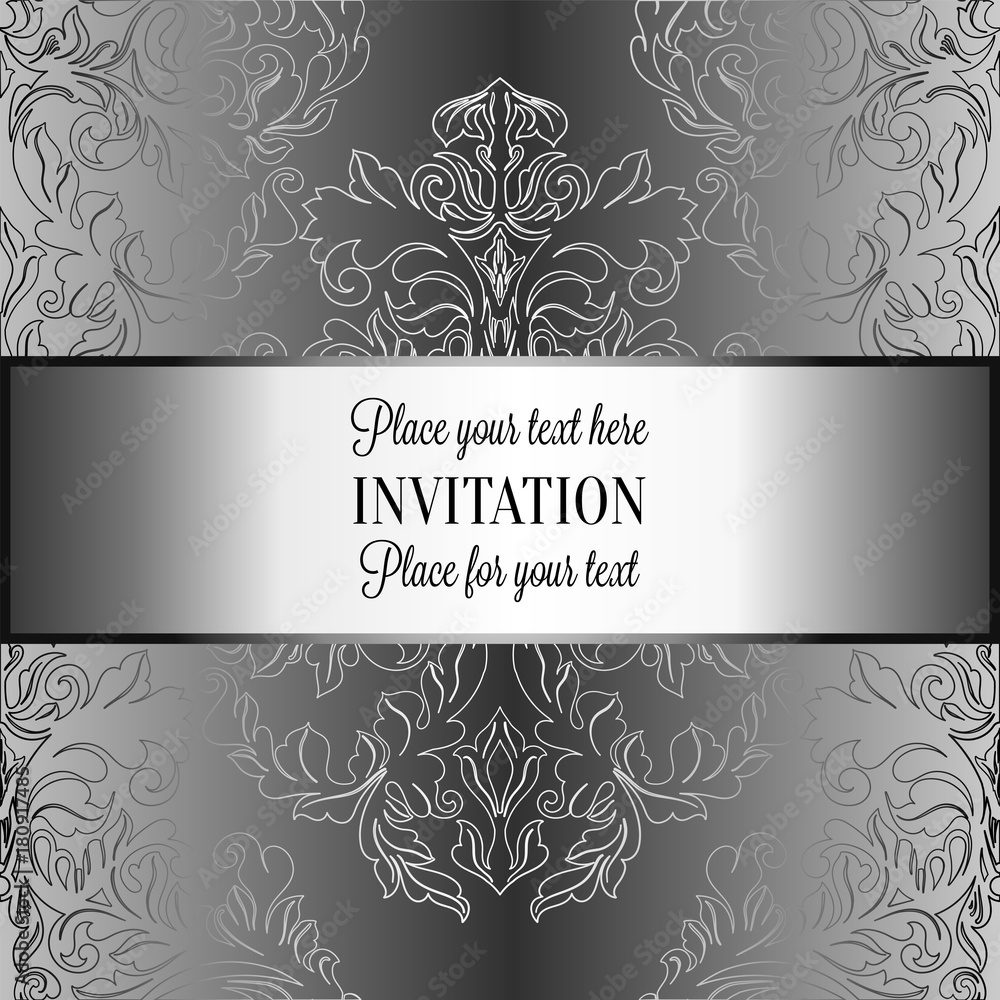 Baroque background with antique, luxury gray and metal silver vintage frame, victorian banner, damask floral wallpaper ornaments, invitation card, baroque style booklet, fashion pattern