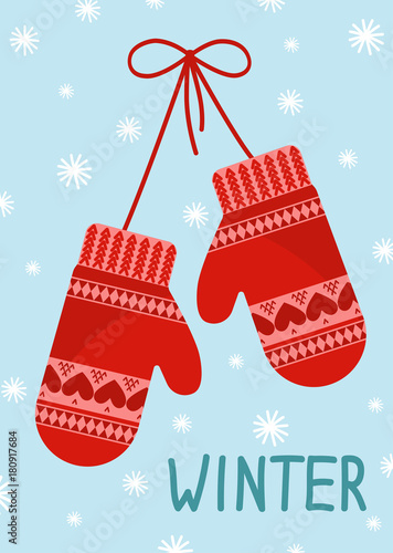 Red mittens on blue snowing background. Hand drawn lettering Winter. Vector illustration photo