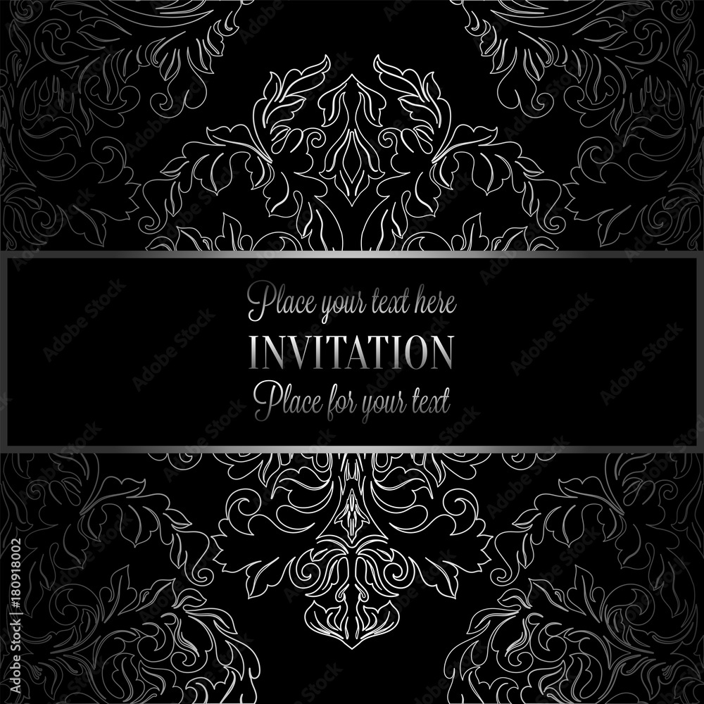 Baroque background with antique, luxury black and white vintage frame, victorian banner, damask floral wallpaper ornaments, invitation card, baroque style booklet, fashion pattern, template for design