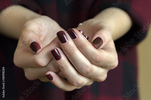 Close up of giving female hands . Shallow depth of field with