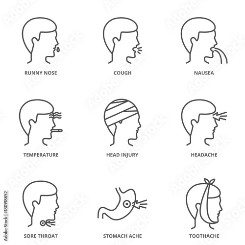 Illness set of vector icons: runny nose, cough, nausea, temperature, head injury, headache, sore throat, stomach ache, toothache