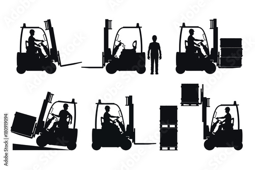 Electric forklift. Vector silhouettes on white background