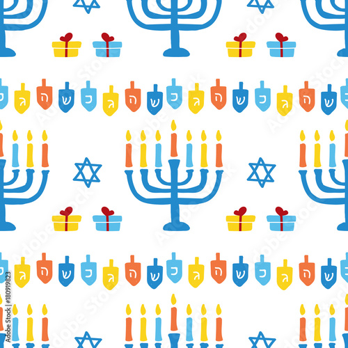 Cute doodle Hanukkah seamless pattern background with menorah, dreidel and gifts.