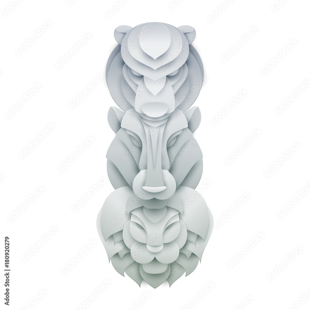 Spirit animal totem in trendy paper cut craft graphic style. Tribal ethnic  indian symbol with bear, tiger, lion. Vector illustration. Stock Vector |  Adobe Stock