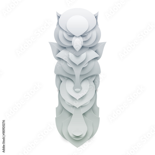 Spirit animal totem in trendy paper cut craft graphic style. Tribal ethnic indian symbol with owl, fox, wolf. Vector illustration.