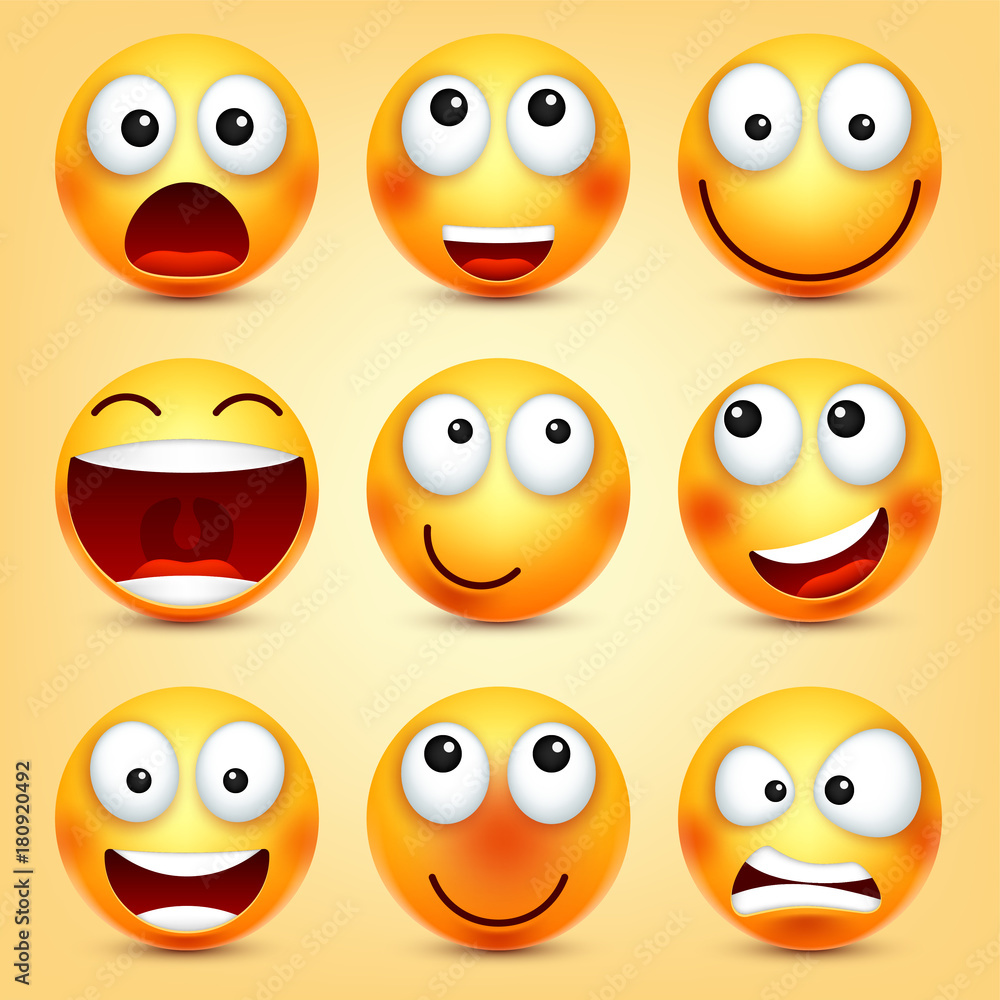 Smiley,emoticons set. Yellow face with emotions. Facial expression. 3d realistic emoji. Funny cartoon character.Mood. Web icon. Vector illustration. Smiley,emoticons set. Yellow face with emotions. Facial expression. 3d realistic emoji. Funny cartoon character.Mood. Web icon. Vector illustration.